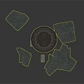 Gray Textured Material Sheets With Central Circular Woven Object And Scattered Pieces