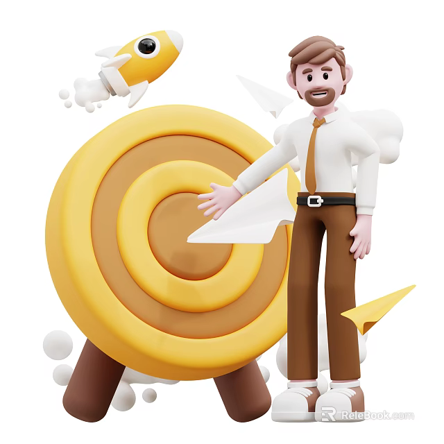 Man Aiming At Yellow Target With Paper Plane And Rocket Elements 3d model