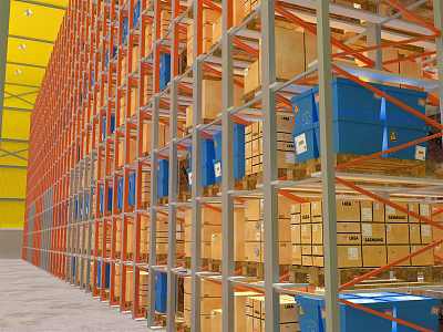 Large Warehouse Storage With Metal Shelving Racks And Pallet Boxes 3d model