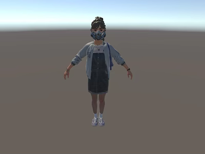 Woman In Overalls Dress And Cardigan Standing With Mask On Simple Background 3d model