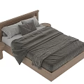 Modern Oak Wooden Double Bed With Headboard Plaid Pillows Blanket And Nightstand
