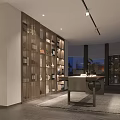 Modern Minimalist Gallery Interior With Paintings On Walls Shelving And Dark Flooring