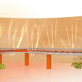 Elegant Curved Display Shelf For Retail Eyewear With Warm Wooden Backdrop And Decorative Green Plants