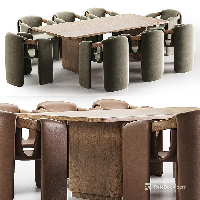 Modern Dining Table Set With Wooden Top And Curved Back Upholstered Chairs 3d model 