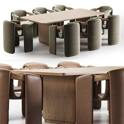 Modern Dining Table Set With Wooden Top And Curved Back Upholstered Chairs 3d model
