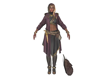 Blonde Warrior In Purple Outfit Standing With Small Brown Wolf Pup 3d model