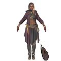Blonde Warrior In Purple Outfit Standing With Small Brown Wolf Pup