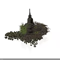 Modern Outdoor Decorative Scene With Stone Structure Green Plants And Scattered Rocks