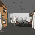 Modern Clothing Store Interior With Wooden Shelves Dresses On Racks Sofa Area And Marble Floor