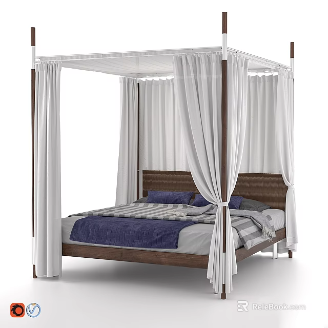 Modern Four Poster Bed With White Curtains Wooden Frame And Striped Bedding 3d model 