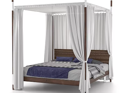 Modern Four Poster Bed With White Curtains Wooden Frame And Striped Bedding 3d model