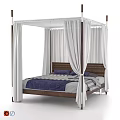 Modern Four Poster Bed With White Curtains Wooden Frame And Striped Bedding