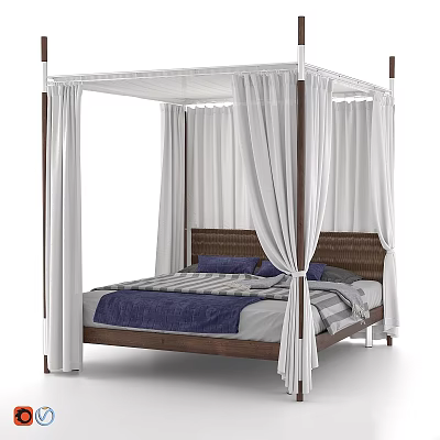 Modern Four Poster Bed With White Curtains Wooden Frame And Striped Bedding 3d model