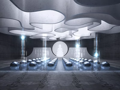 Buddhist Religious Space Featuring Circular Buddha Statue Wave Shaped Ceiling Silver Spheres And Reflective Floor 3d model