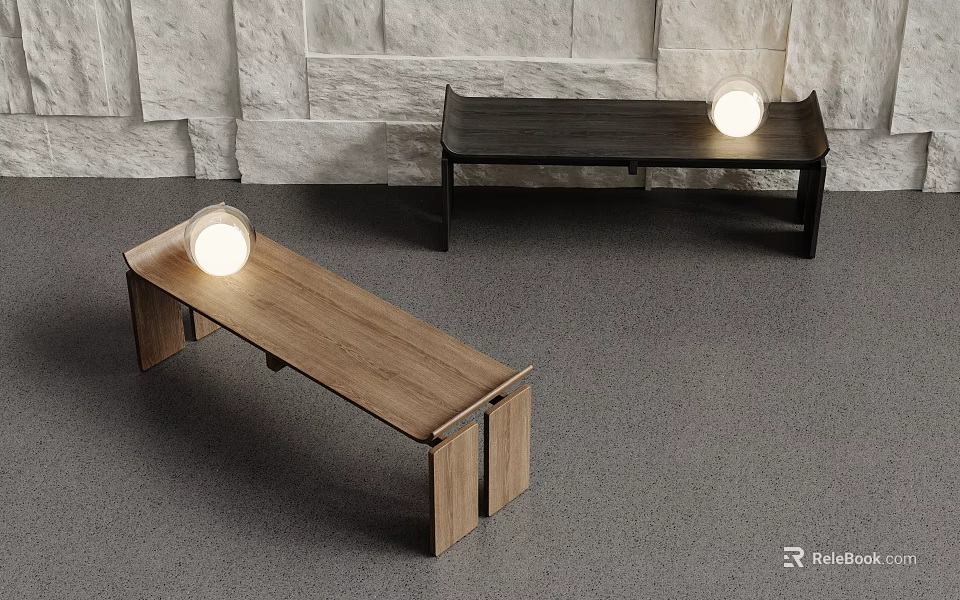 Wooden and Black Modern Stools With Round Lights On Top In Indoor Space 3d model 