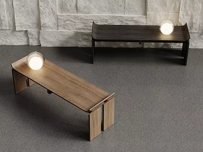 Wooden and Black Modern Stools With Round Lights On Top In Indoor Space 3d model