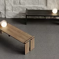 Wooden and Black Modern Stools With Round Lights On Top In Indoor Space