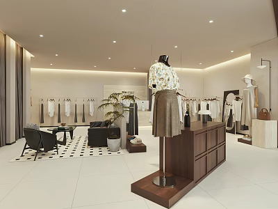 Modern Clothing Store Interior With Displayed Clothes Mannequins Plant And Sofa 3d model
