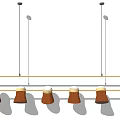 Chandelier With Long Rectangular Metal Frame And Six Brown Suspended Lamp Shades Design