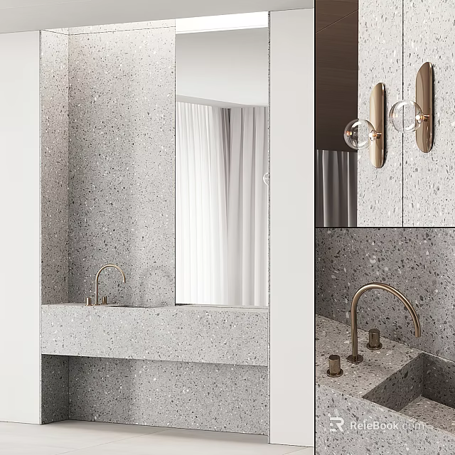 Modern Terrazzo Washbasin Vanity With Large Mirror Brass Faucet And Wall Lights 3d model 