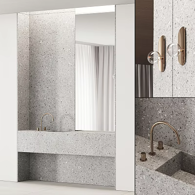 Modern Terrazzo Washbasin Vanity With Large Mirror Brass Faucet And Wall Lights 3d model