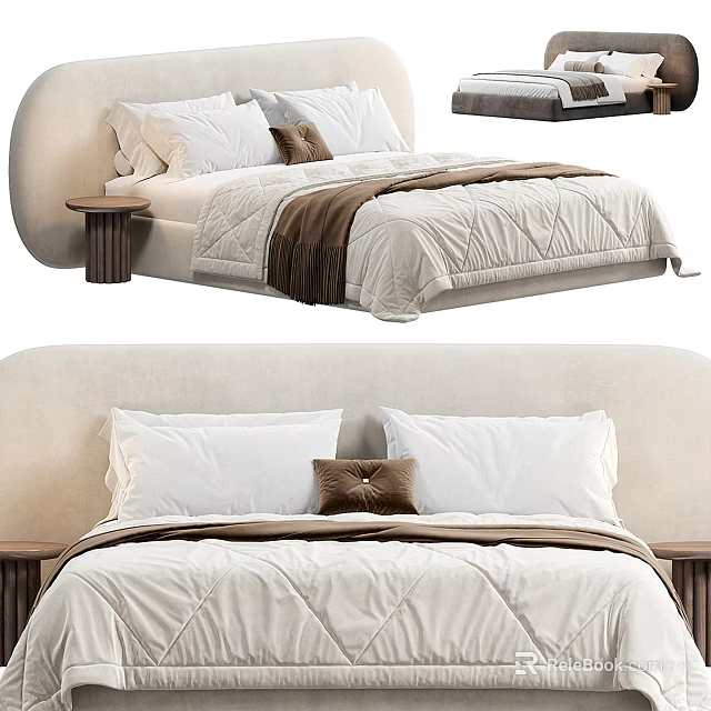 Double Bed with Upholstered Headboard White Pillows Brown Cushion Light Colored Quilt and Bedside Table 3d model 