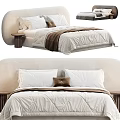 Double Bed with Upholstered Headboard White Pillows Brown Cushion Light Colored Quilt and Bedside Table