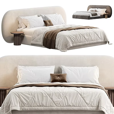 Double Bed with Upholstered Headboard White Pillows Brown Cushion Light Colored Quilt and Bedside Table 3d model