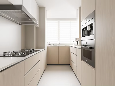Modern Kitchen Interior With Light Wood Cabinets White Countertops Built in Oven And Natural Light 3d model
