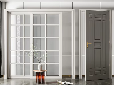 Modern Sliding Door With Glass Grid Design In Interior Room With Solid Door 3d model