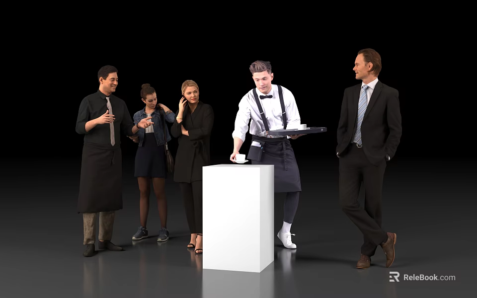 Group of People Interacting Around White Cube with Server Holding Tray and Cups 3d model 
