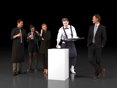 Group of People Interacting Around White Cube with Server Holding Tray and Cups 3d model