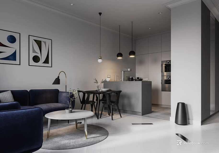 Modern Apartment Interior With Sofa Dining Area And Kitchen 3d model 