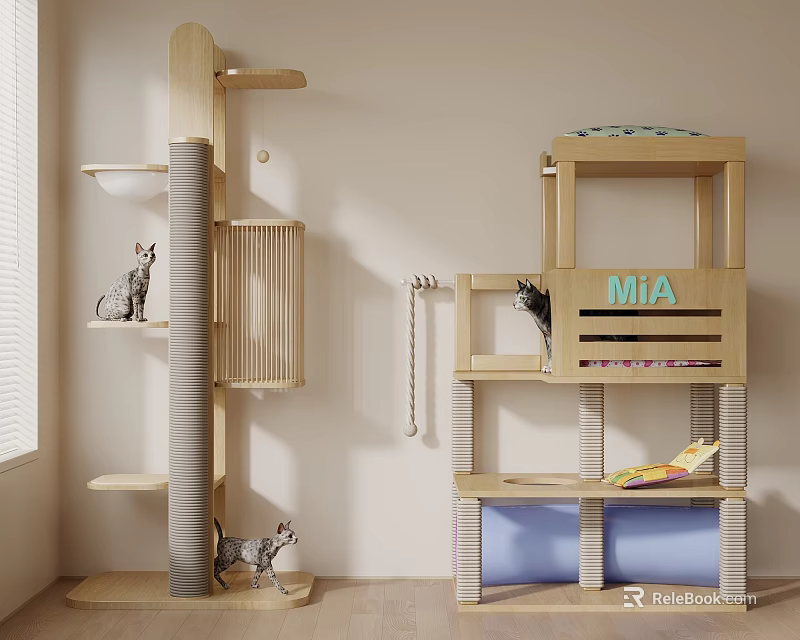 Wooden Cat Tree Furniture With Multi Level Platforms And Play Areas For Cats 3d model 