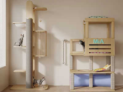 Wooden Cat Tree Furniture With Multi Level Platforms And Play Areas For Cats 3d model