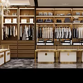 Modern Luxury Clothing Store Interior With Glass Display Counters Golden Decor And Wooden Shelves