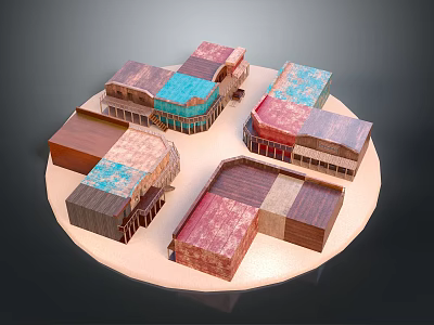 Various Colorful Building Models on Circular Platform with Textured Roofs and Walls 3d model