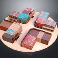 Various Colorful Building Models on Circular Platform with Textured Roofs and Walls