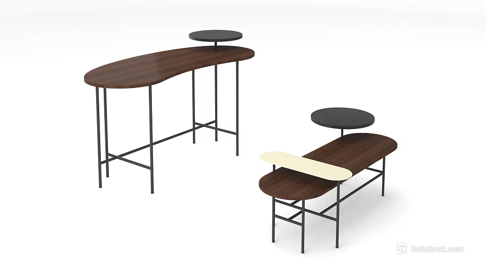 Modern Wooden Tables With Black Metal Legs And Walnut Tops Design 3d model 