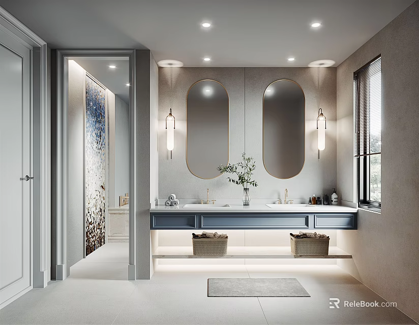 Modern Bathroom Interior Design With Double Round Mirrors Wall Sconces And Double Vanity 3d model 