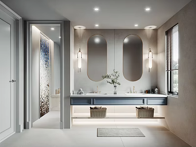 Modern Bathroom Interior Design With Double Round Mirrors Wall Sconces And Double Vanity 3d model