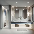Modern Bathroom Interior Design With Double Round Mirrors Wall Sconces And Double Vanity