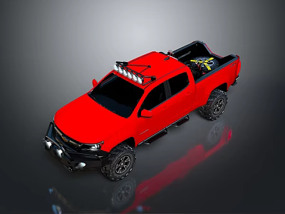 Red Off Road Pickup Truck With Roof Lights And Yellow Items In Bed 3d model