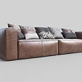Modern Brown Leather Two Seater Sofa with Patterned Cushions Minimalist Design 3d model