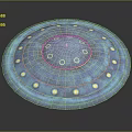 Blue Circular Spacecraft with Yellow Lights and Green Halo in Space