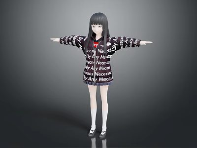 Virtual Anime Character Girl With Black Hair Wearing Loose Only My Memes Jacket Arms Outstretched 3d model
