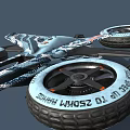Four Wheel Vehicle With Blue And White Camouflage Pattern Large Tires And White Wheel Hubs