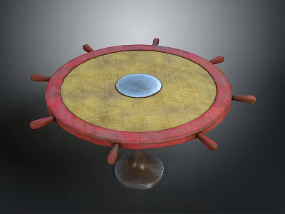 Circular Small Watercraft With Red Rim Yellow Surface Silver Center Disk And Paddles 3d model
