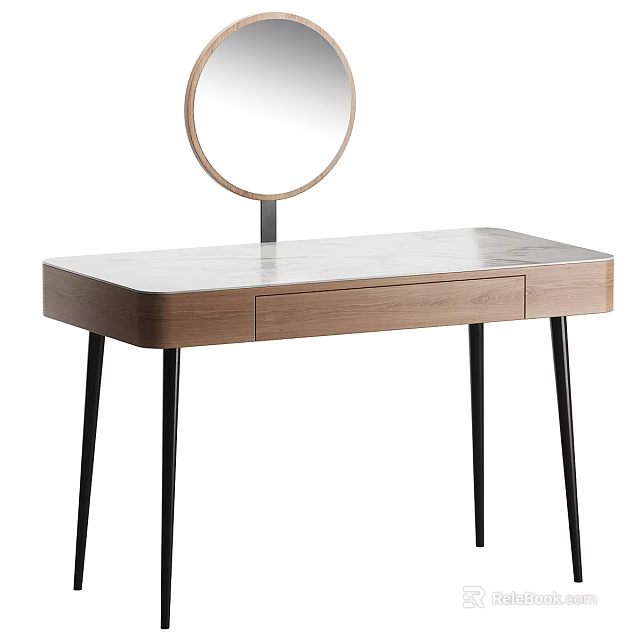 Modern Dressing Table Design Featuring Wooden Frame Marble Top Round Mirror And Black Metal Legs 3d model 