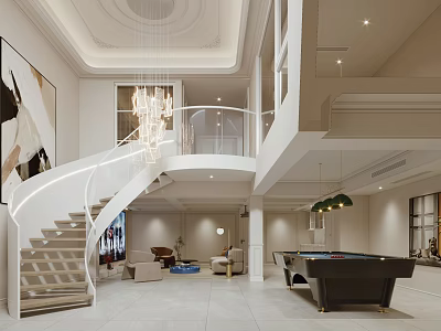 Spacious Basement Interior With Staircase Pool Table Sofa And Modern Lighting 3d model